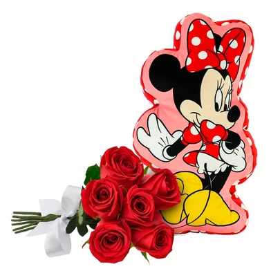 Buquê de 6 Rosas Vermelhas e Almofada Minnie